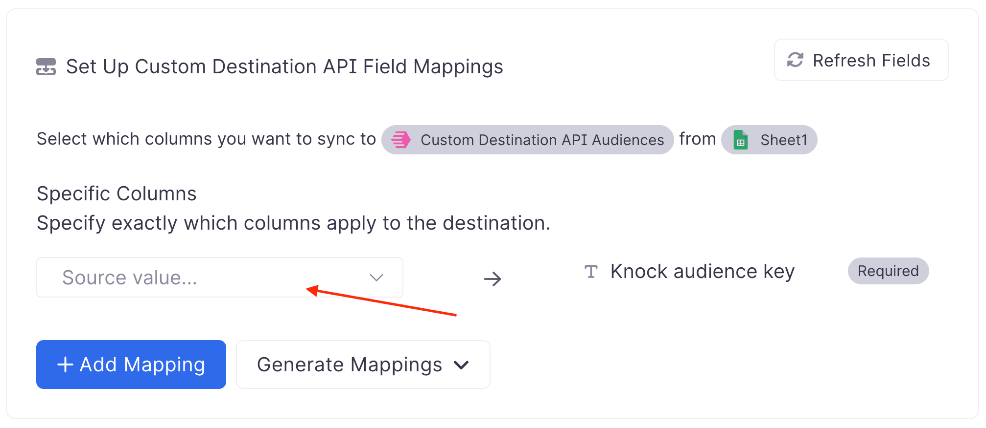 Select the source value input for your audience key
